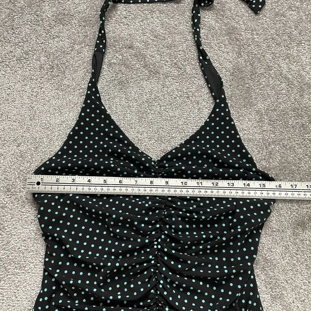 AGB Dress Womens 12 Black Polka Polyester Short Halter Backless Stretch A Line